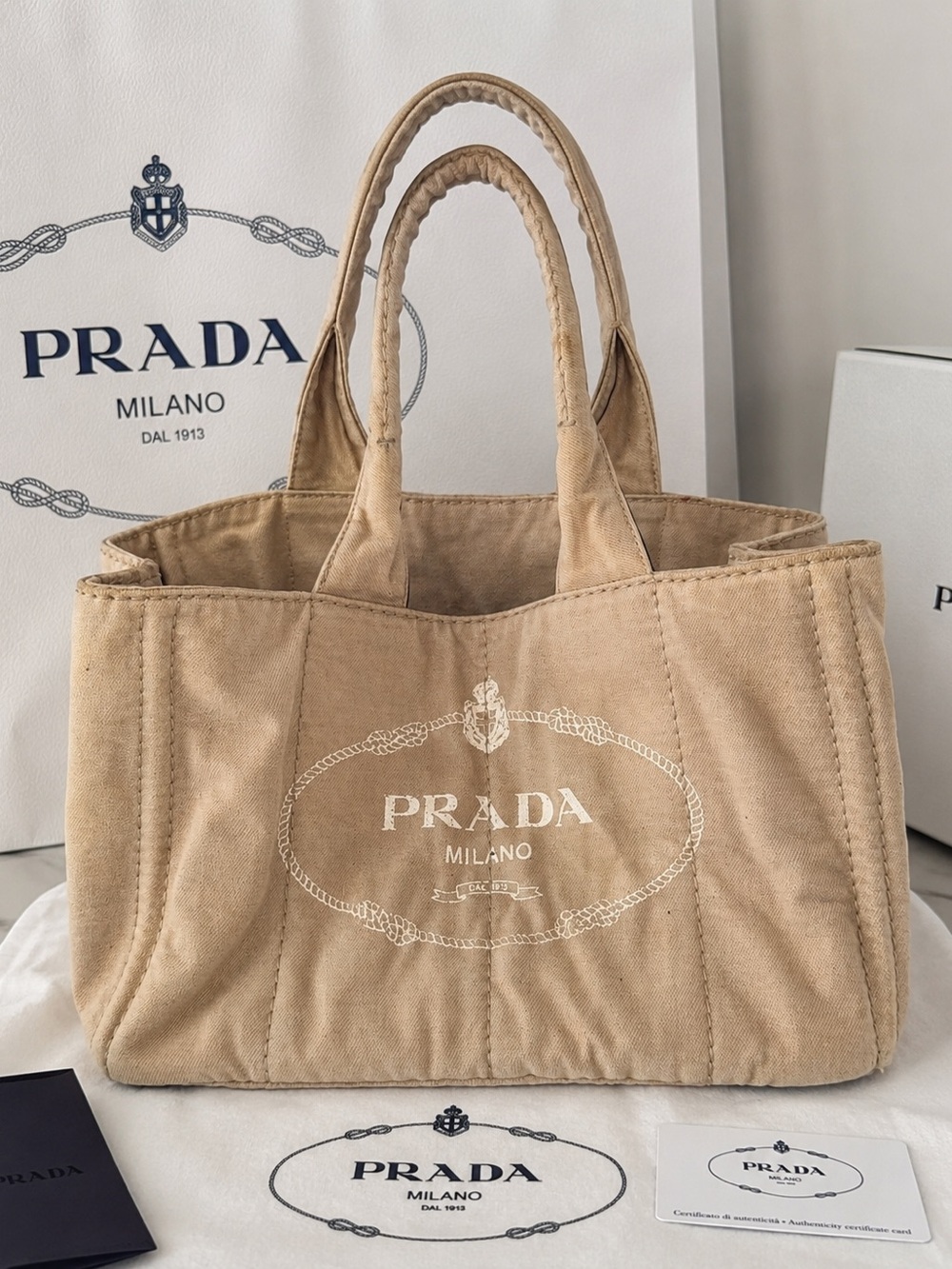 Prada Beige Canvas Tote with White Logo
